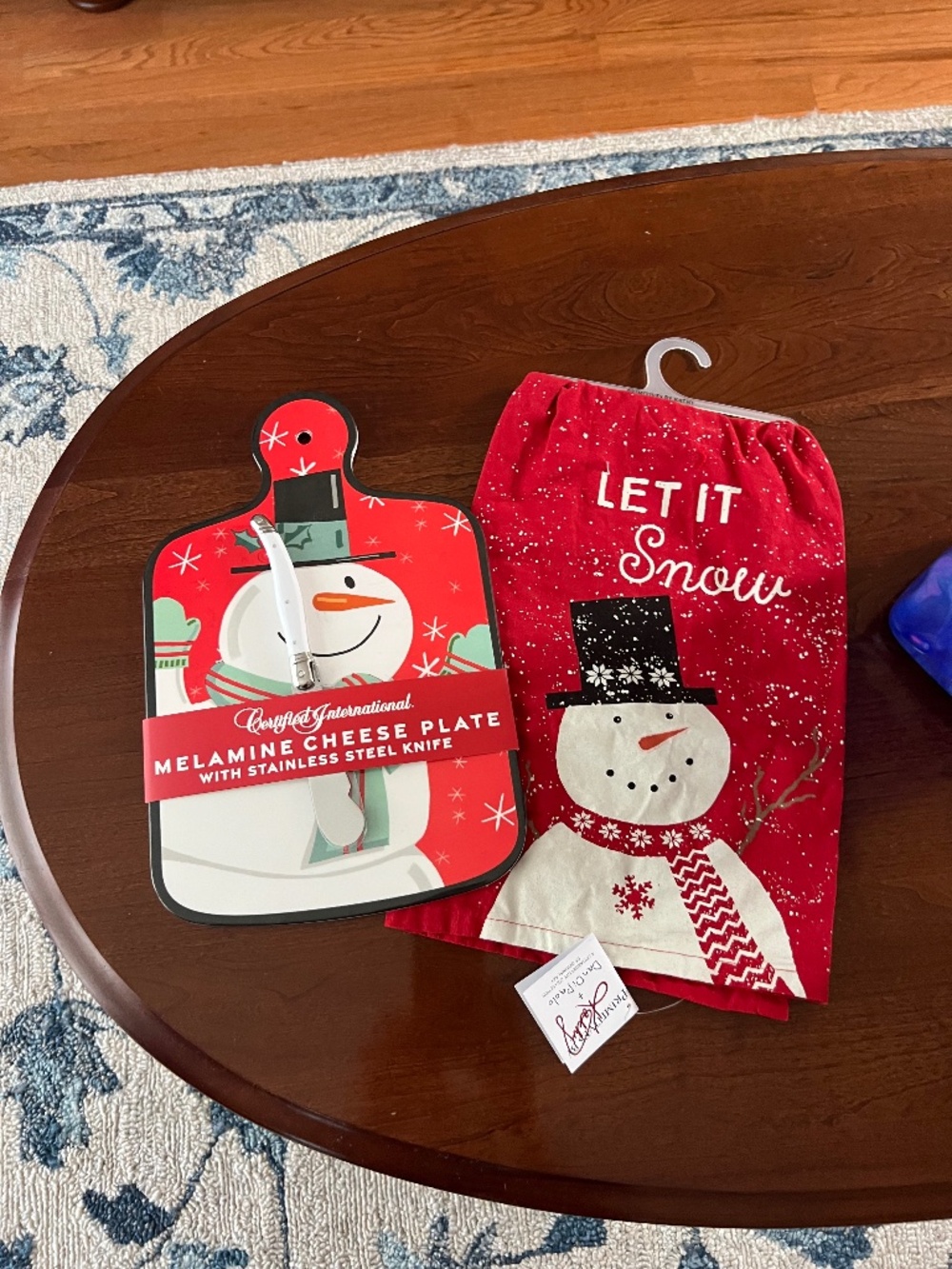 Snowman Melamine cheese plate/knife & kitchen towel